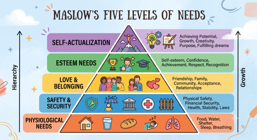 Maslow's Hierarchy of Needs for kids, showing physiological, safety, love, esteem, and self-actualisation levels.
