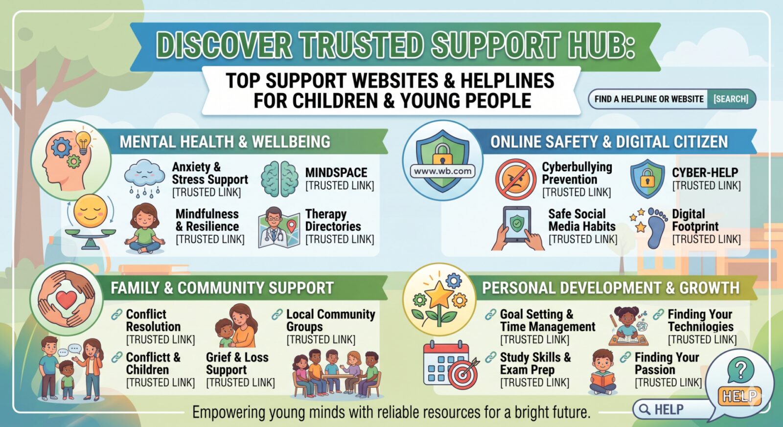 Infographic summary of UK child mental health helplines and crisis contacts