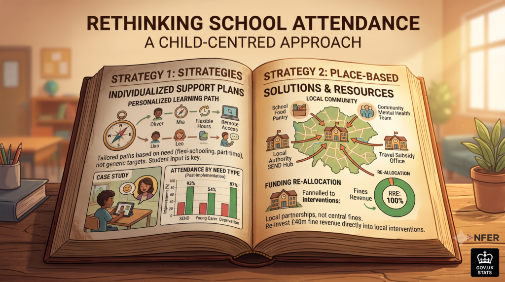 Graphic illustrating UK school attendance fines, penalty notices, and persistent absence rates